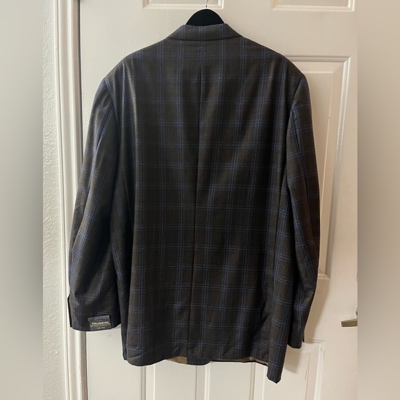 Trussini Italy Wool Gray Plaid Dual Vent Stitched Lapel Blazer Sport Jacket - Picture 2 of 15